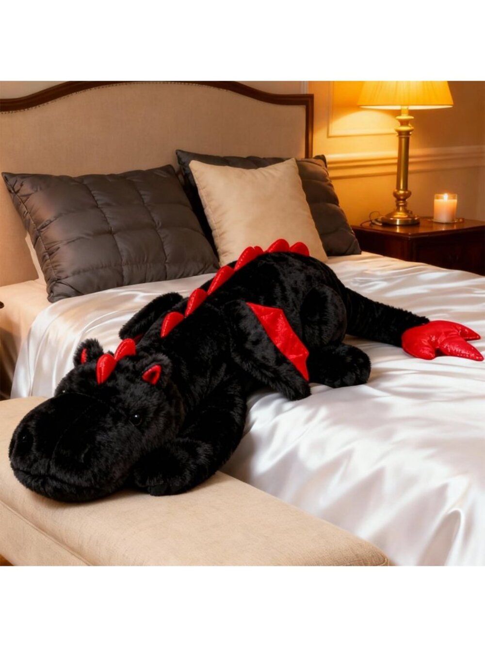 Giant 50in Black Dragon Plush Toy - Jumbo Cuddly Dinosaur Pillow with Wings